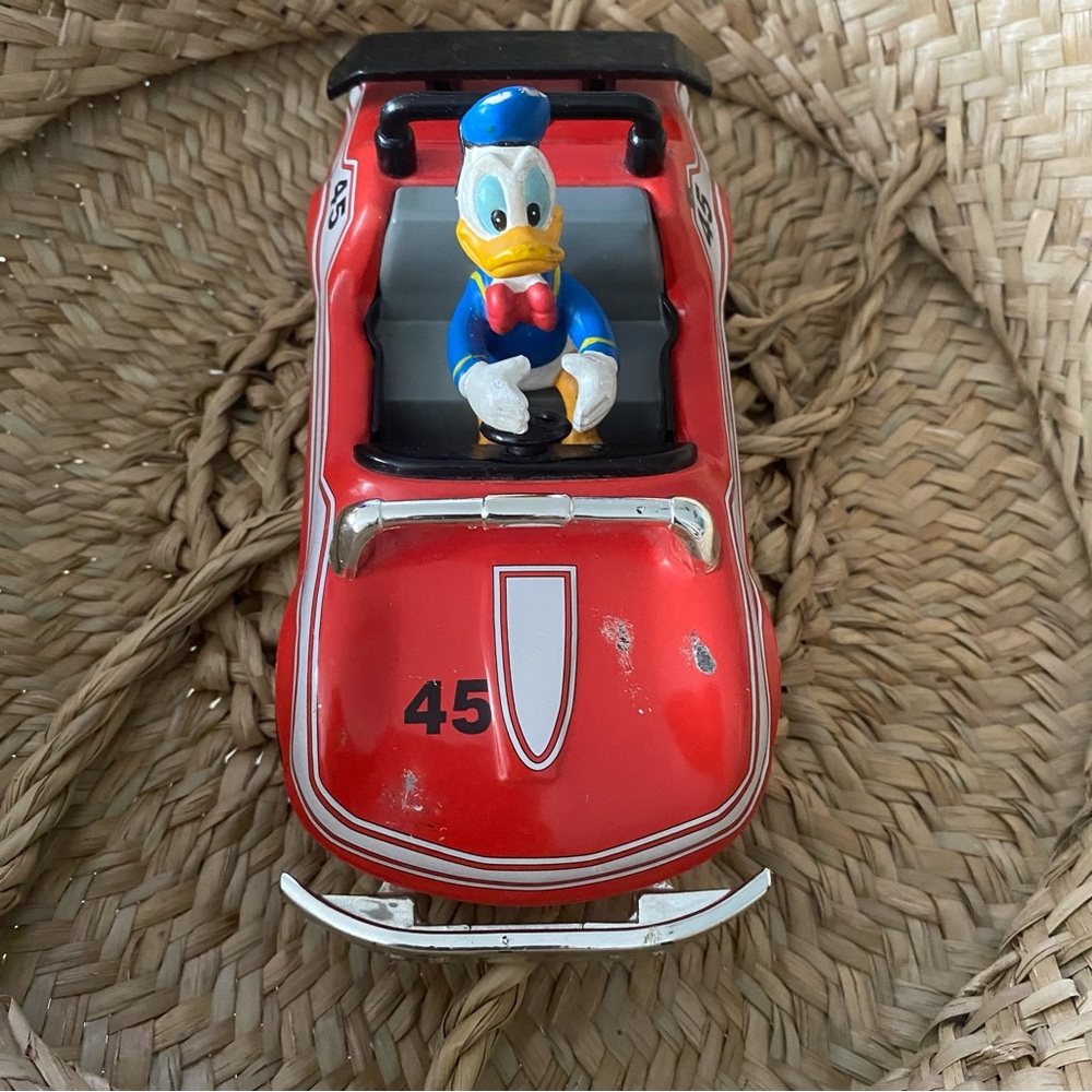 VINTAGE Disney Donald Duck #45 Red Tin Metal Pull Back Race Car Toy - "AS IS"